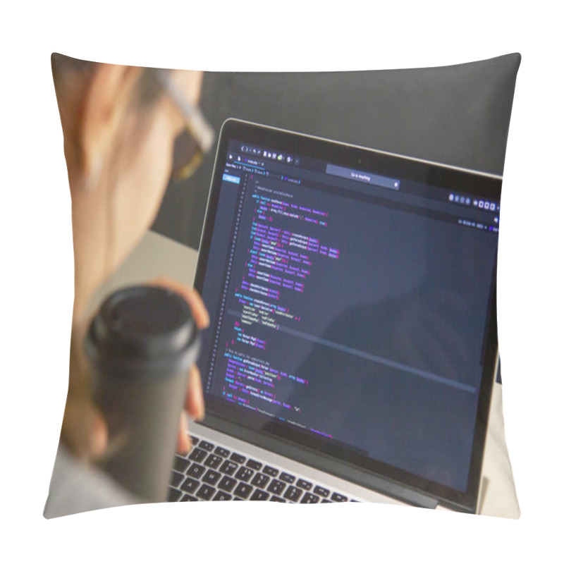 Personality  A Programmer Coding On A Laptop In The Workplace Pillow Covers