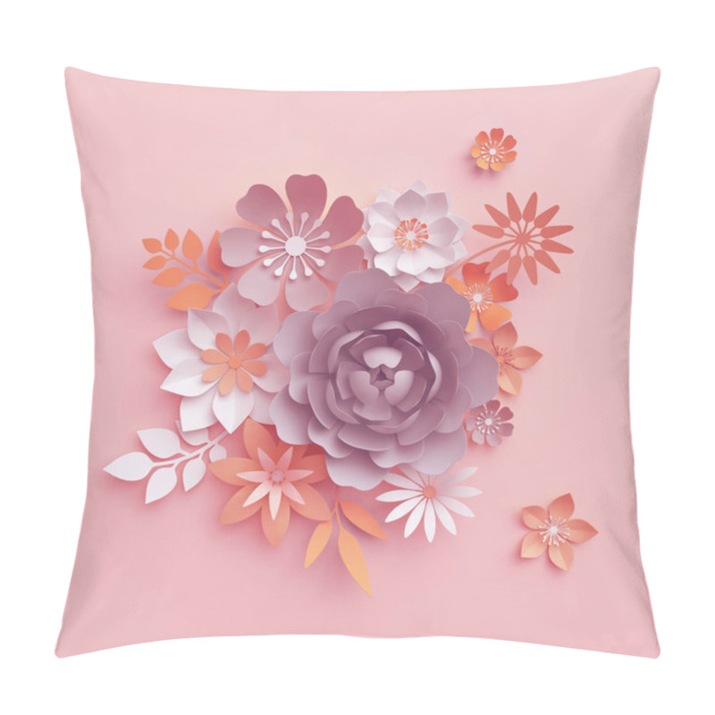 Personality  3d Render, Fall Paper Flowers Isolated On Pink, Pastel Botanical Background, Beautiful Bouquet, Floral Arrangement, Fashion Wallpaper, Nursery Wall Decor, Rose, Peony, Daisy, Leaves Pillow Covers