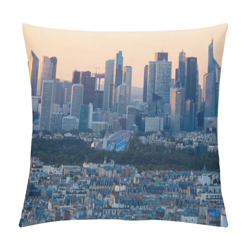 Personality  Paris, France - October 5, 2015: Sunset View From Eiffel Tower To La Defence Area In Paris As Seen On 5 Of October, 2016 Pillow Covers