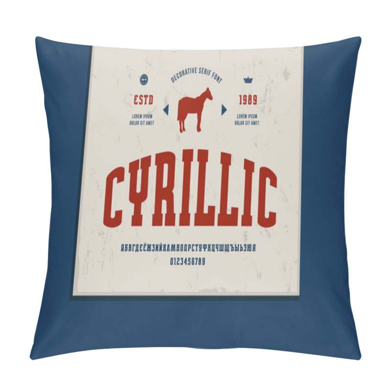 Personality  Cyrillic Narrow Slab Serif Font And Denim Label Template Pillow Covers