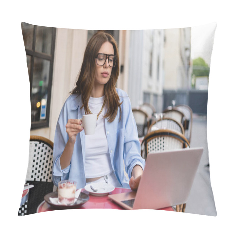 Personality  Trendy Freelancer Holding Cup Near Laptop And Dessert In Outdoor Cafe In Paris  Pillow Covers