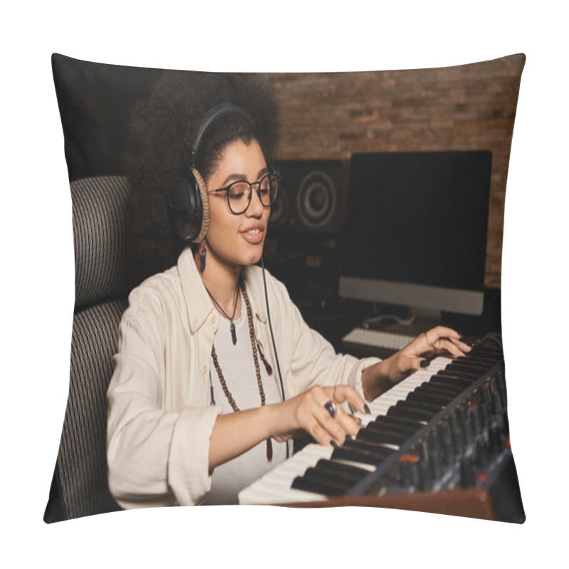 Personality  Talented Woman With Afro Hair Plays Keyboard In Music Band Rehearsal At Recording Studio. Pillow Covers