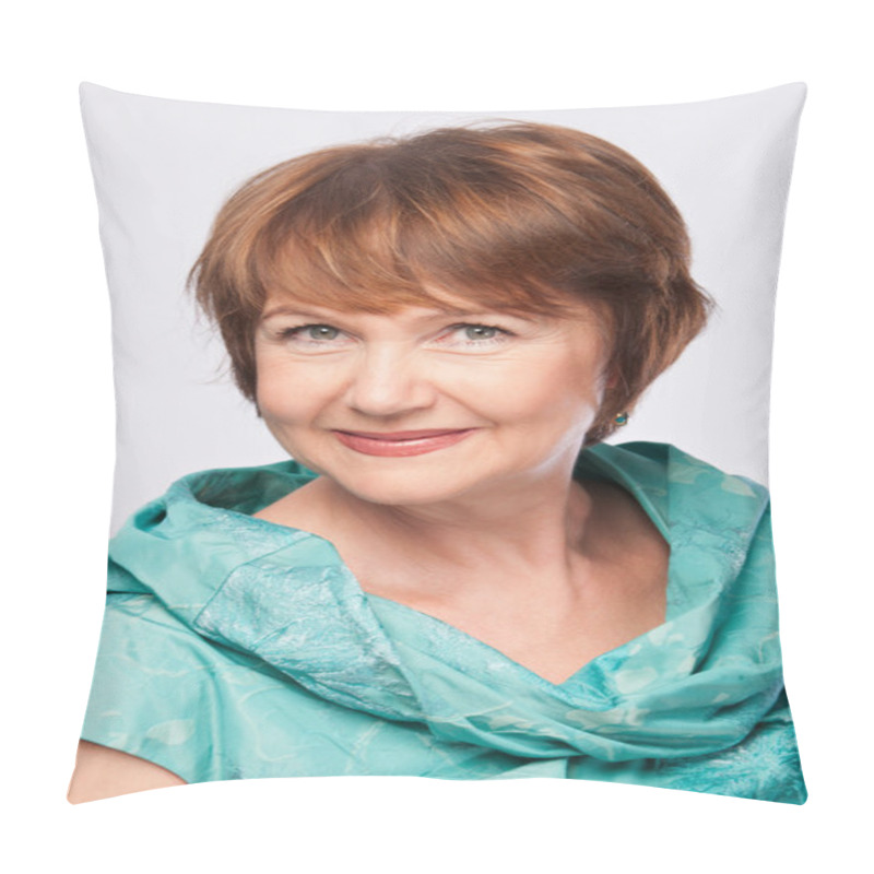 Personality  Beautiful Fashionable Smiling Mature Woman In Turquoise Costume Pillow Covers