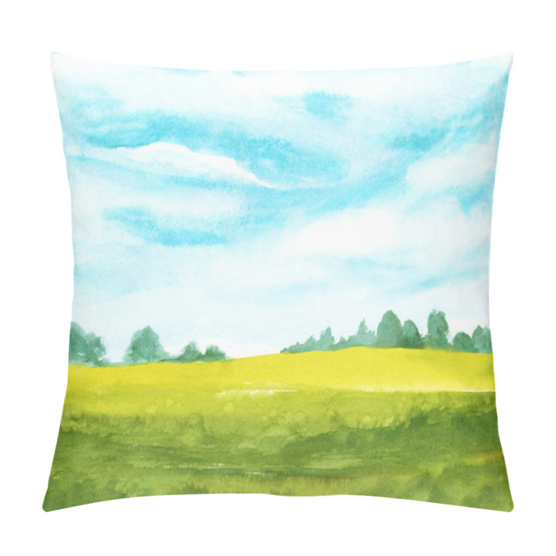 Personality  Watercolor Abstract Landscape With Clouds On Blue Sky And Green Grass. Hand Painted Background Pillow Covers