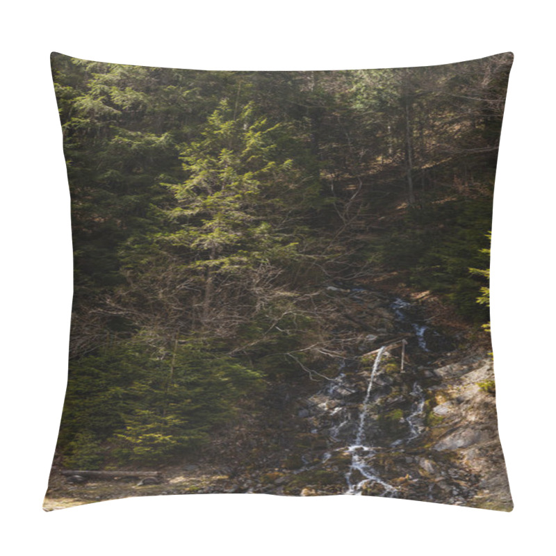 Personality  Mountain Creek On Hill Near Spruce Forest  Pillow Covers