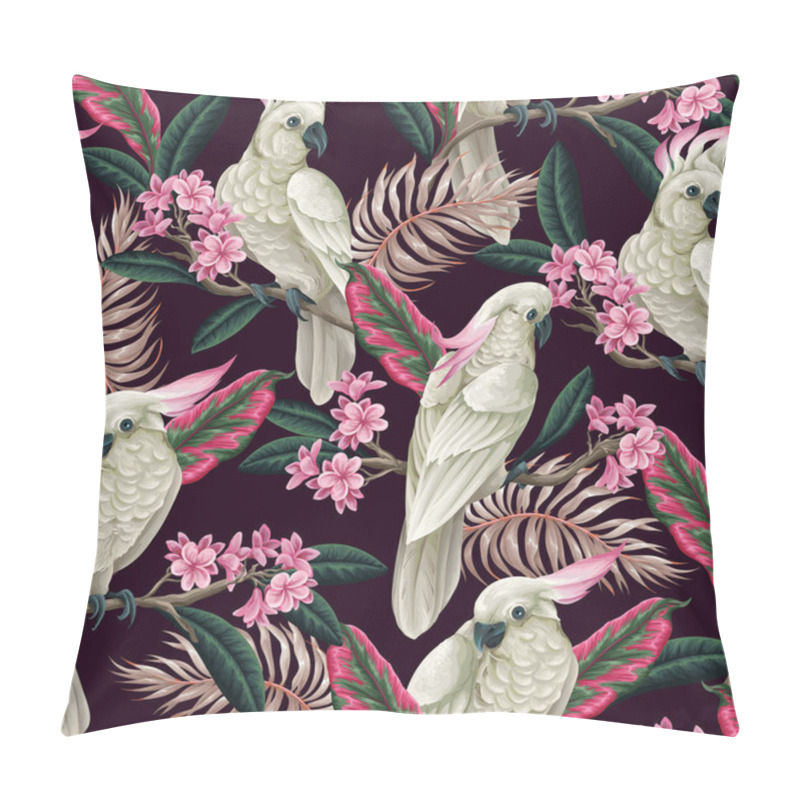 Personality  Seamless Pattern With Cockatoo, Tropical Leaves And Flowers. Vector Pillow Covers