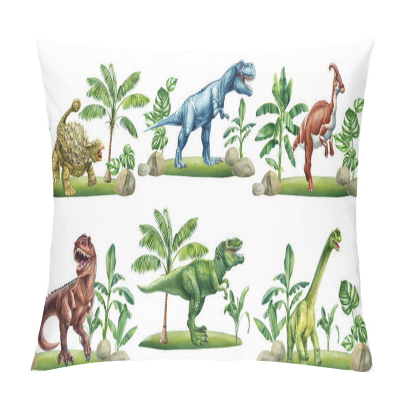 Personality  Watercolor Dinosaur Isolated Background, Prehistoric Landscape, Plant, Palm. Hand Drawn Dino Clipart, Ancient Animals. High Quality Illustration Pillow Covers