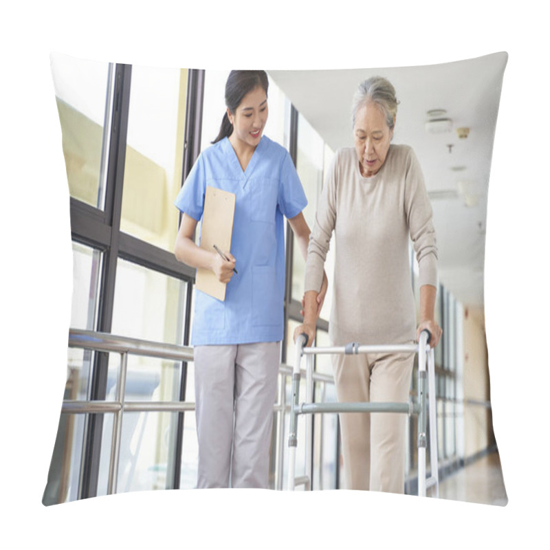 Personality  Young Asian Physical Therapist Working With Senior Woman On Walking With A Walker Pillow Covers