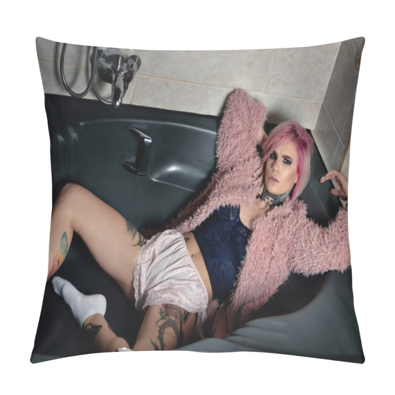 Personality  Tattooed Model With Pink Hairs In Vogue Fashion Poses. Photo In The Dark Bath, Like Suicide Girl. Pillow Covers