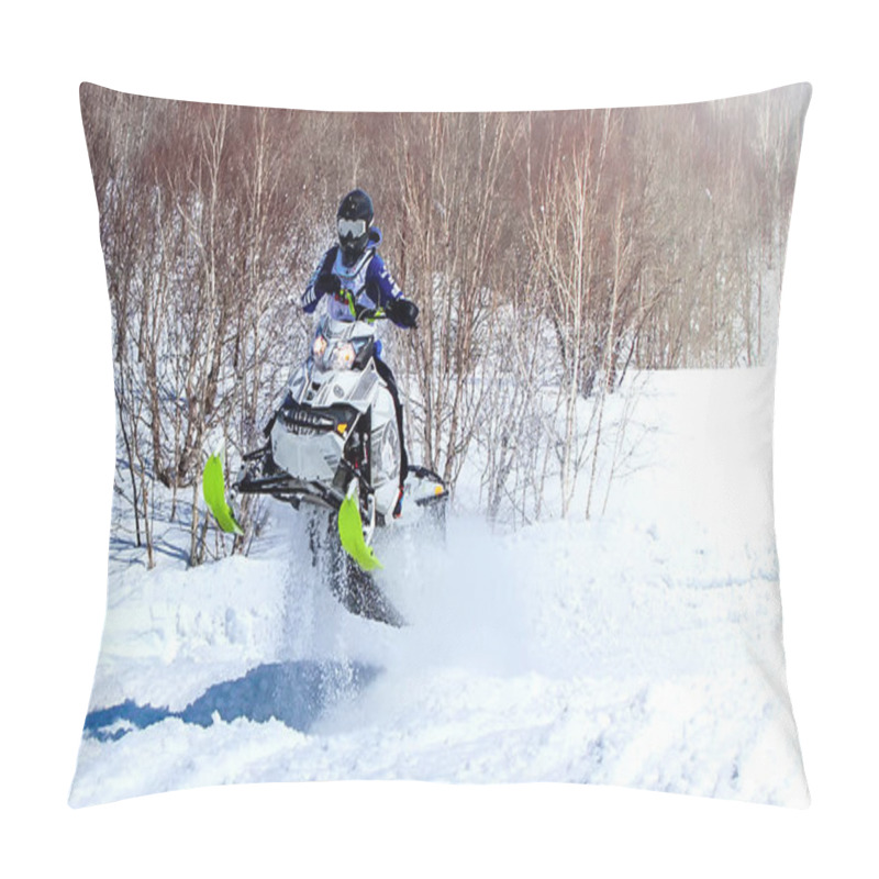 Personality  Snowmobile In High Jump Above Track. Selective Focus Pillow Covers