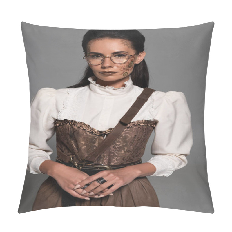 Personality  Attractive Steampunk Woman In Glasses With Makeup Isolated On Grey Pillow Covers