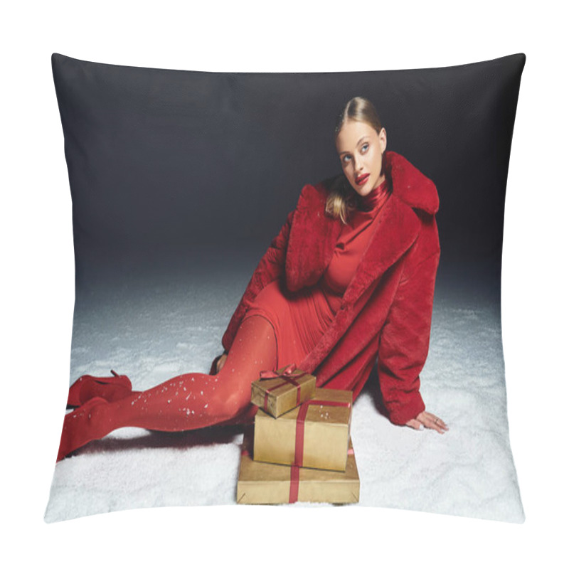 Personality  A Young Woman In Festive Red Is Surrounded By Gifts, Radiating Holiday Cheer. Pillow Covers