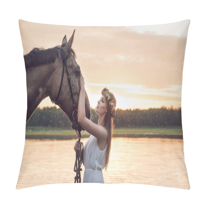 Personality  Pretty Blond Girl Stroking A Horse Pillow Covers