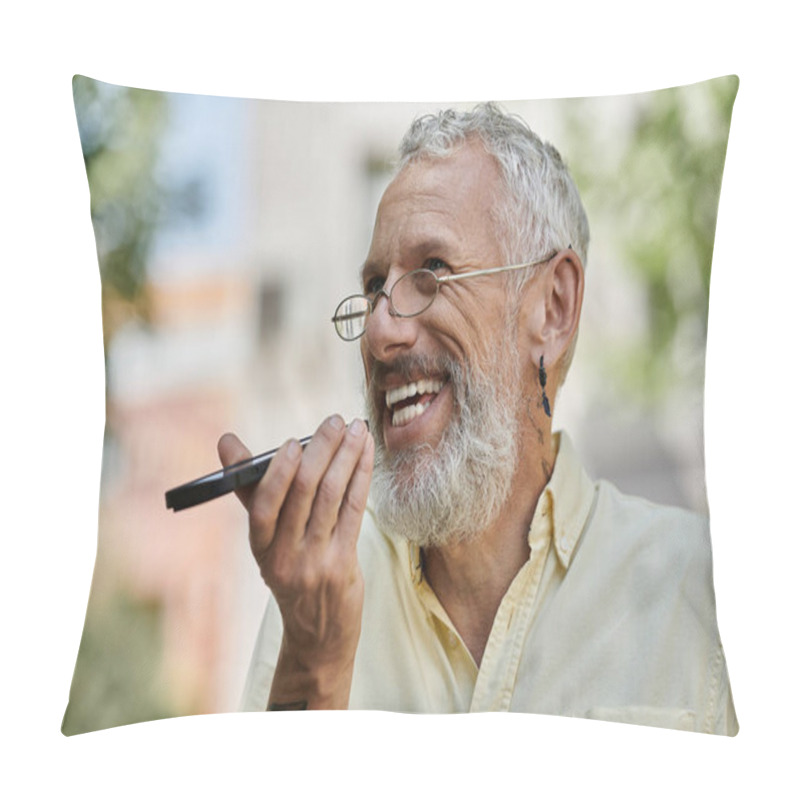 Personality  A Joyful Man, Sporting A Beard And Glasses, Enjoys A Sunny Afternoon Outdoors, Laughing While Using His Phone. Pillow Covers