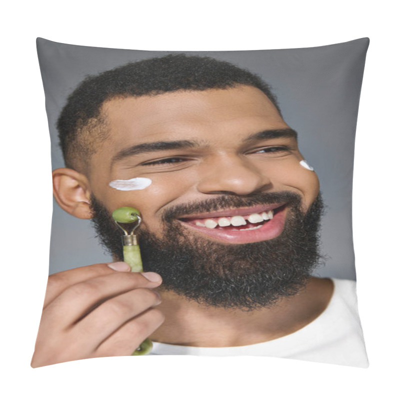 Personality  African American Young Man With Cream On His Face Using Face Roller. Pillow Covers