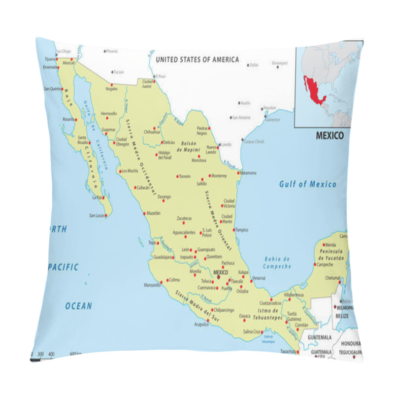 Personality  Overview Map Of Mexico With The Most Important Cities Pillow Covers