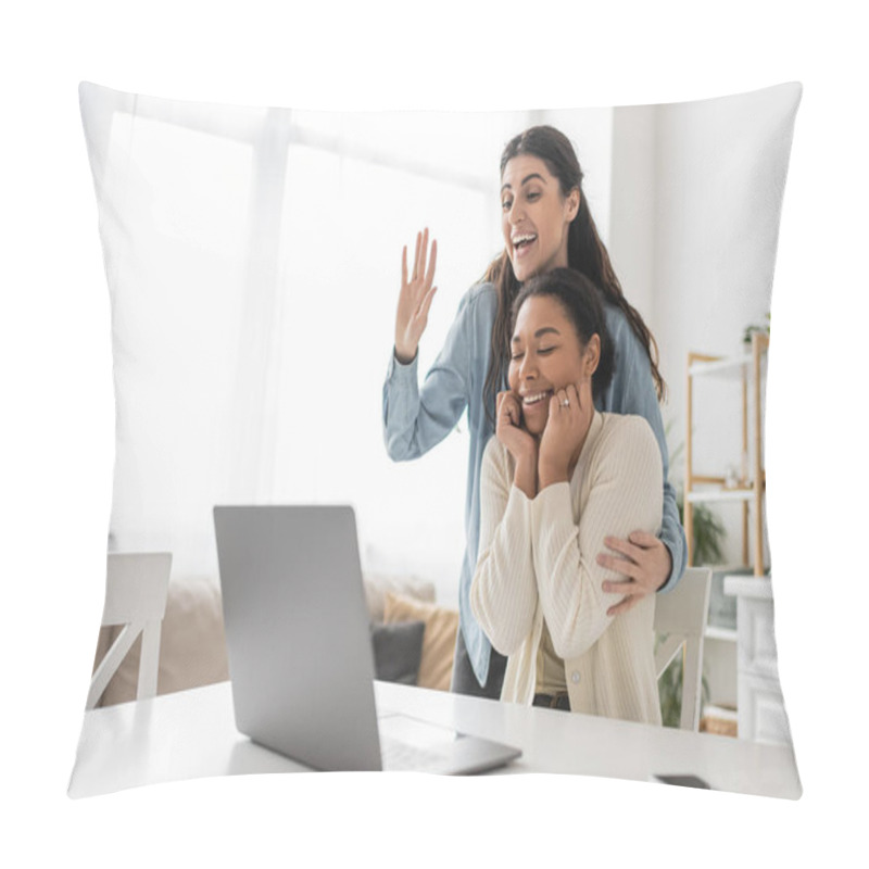 Personality  Happy Lesbian Woman Waving Hand During Video Call Near Multiracial Girlfriend With Engagement Ring On Finger Pillow Covers