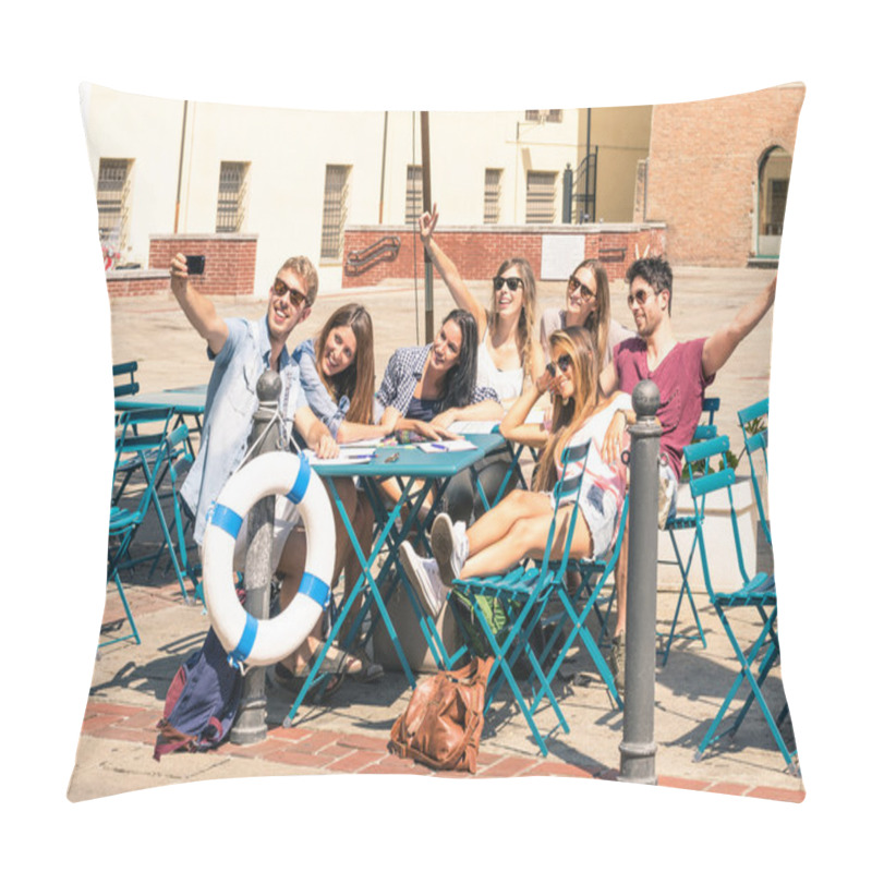 Personality  Group Of Happy Best Friends Taking A Selfie - Tourists Having Fun In The Summer Around The Old Town - University Students During A Break In A Sunny Day Pillow Covers