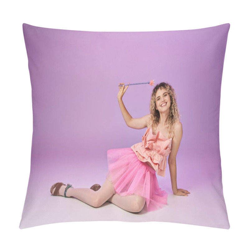 Personality  Lovely Joyful Woman In Pink Attire With Magic Wand Posing On Pink Backdrop, Tooth Fairy Concept Pillow Covers