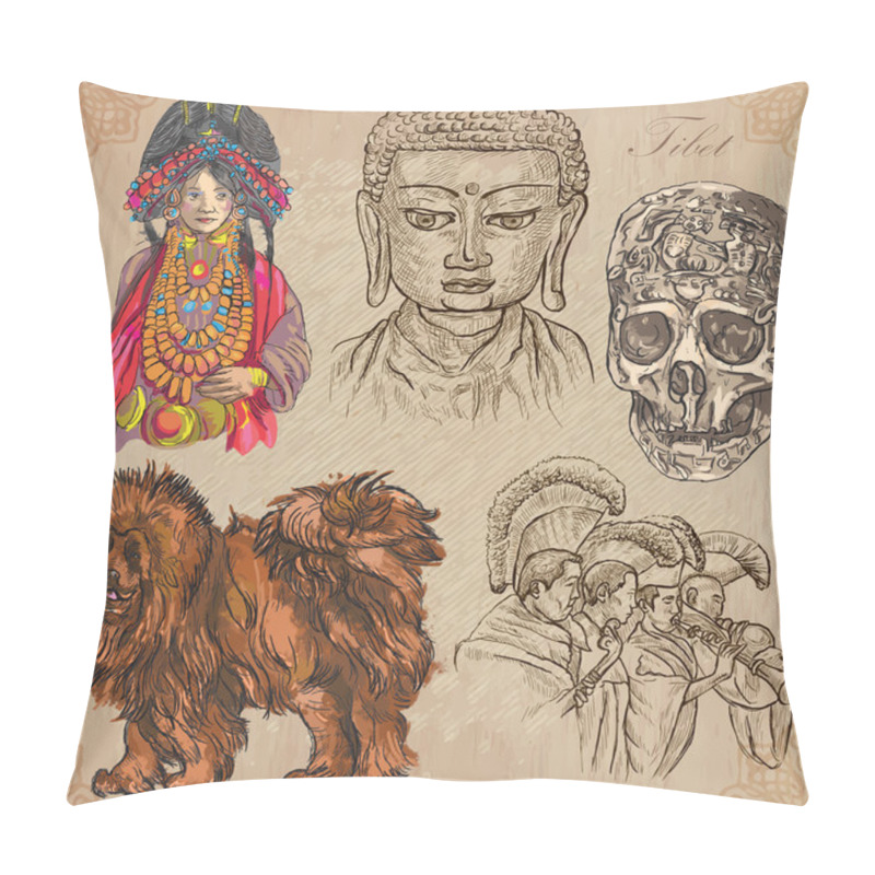 Personality  Tibet. Travel - Pictures Of Life. Vector Pack. Pillow Covers