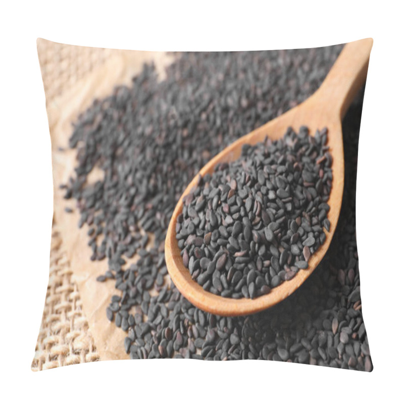 Personality  Black Sesame Seeds And Wooden Spoon On Sack Mat, Closeup Pillow Covers