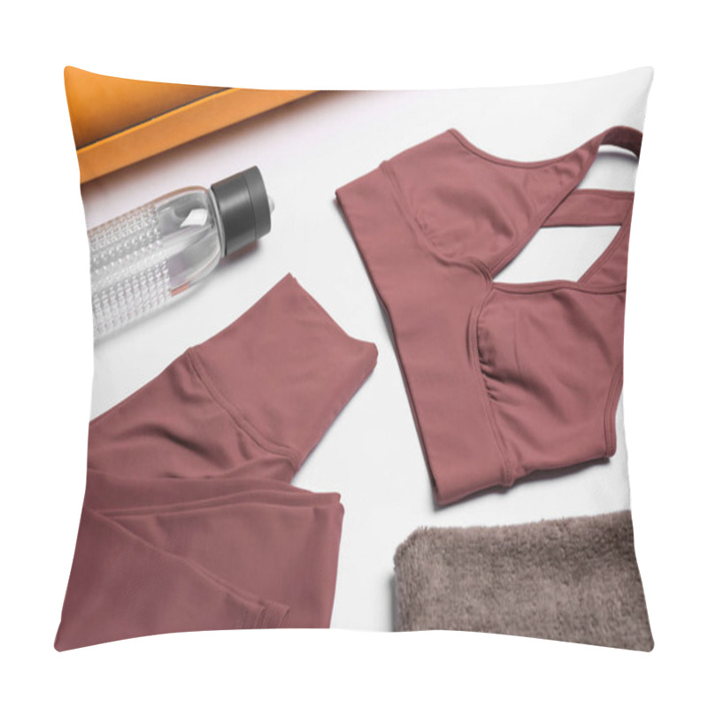 Personality  Stylish Sportswear, Bottle Of Water And Yoga Mat On White Background Pillow Covers