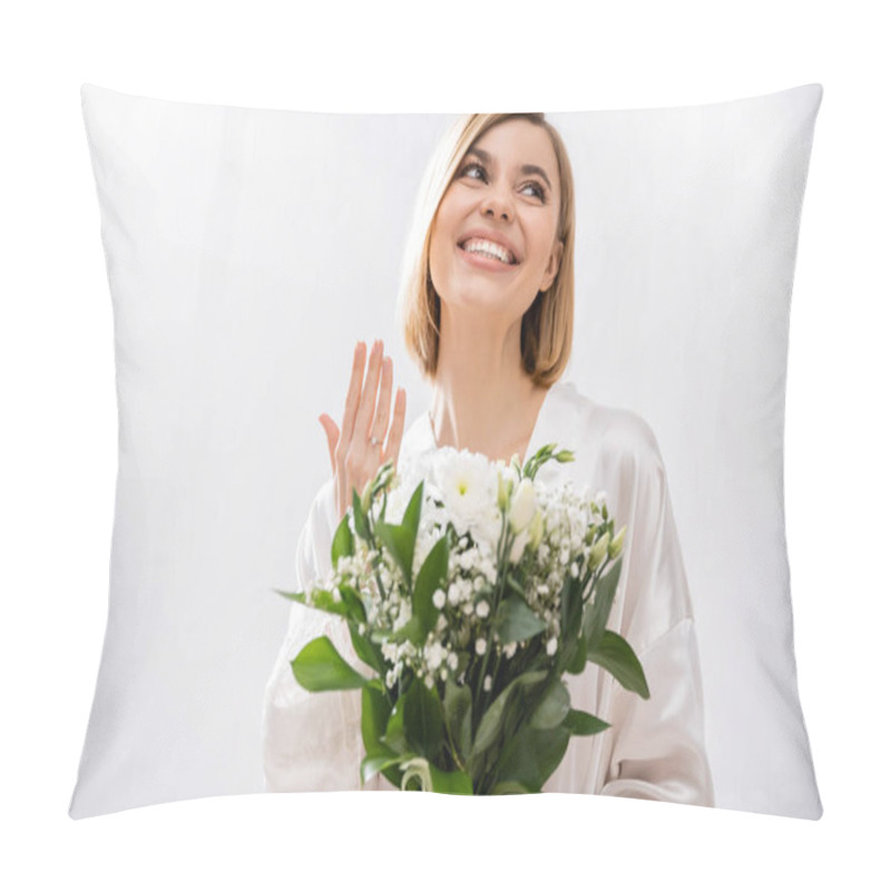 Personality  White Flowers, Happiness, Cheerful Bride With Blonde Hair Standing In White Silk Robe And Holding Bridal Bouquet, Showing Engagement Ring, Young Woman, Beautiful, Excitement, Feminine, Blissful  Pillow Covers