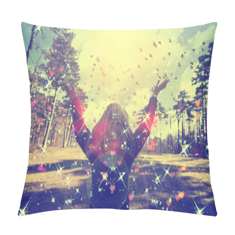 Personality  Young Girl Spreading Hands With Joy And Inspiration Facing The Sun,sun Greeting,freedom Concept,bird Flying Above Sign Of Freedom And Liberty Pillow Covers