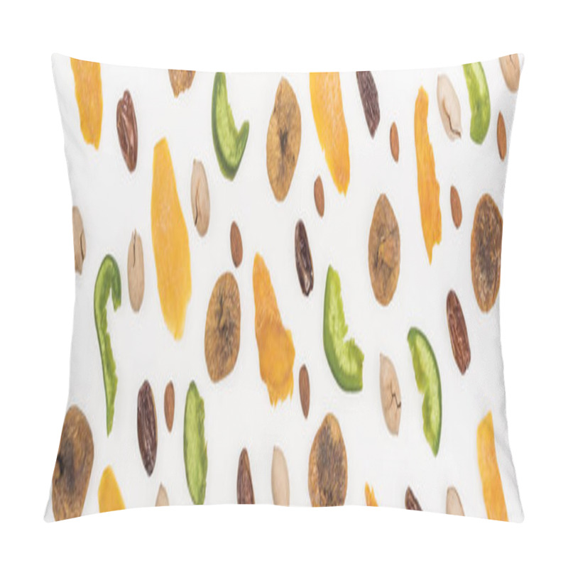 Personality  Top View Of Delicious Assorted Nuts, Dried Fruits And Candied Fruit Isolated On White, Panoramic Shot Pillow Covers