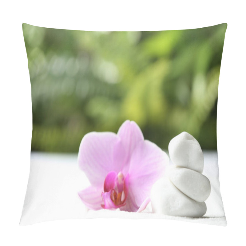 Personality  Stack Of White Stones And Beautiful Flower On Sand Against Blurred Green Background. Zen, Meditation, Harmony Pillow Covers