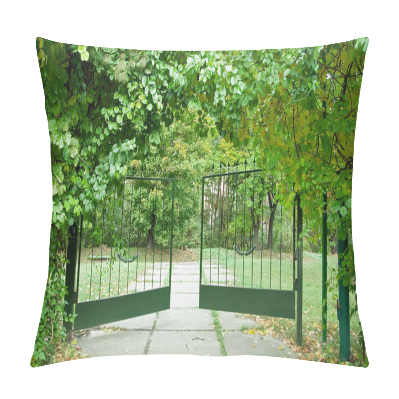 Personality  Iron Gate In A Beautiful Green Garden Pillow Covers