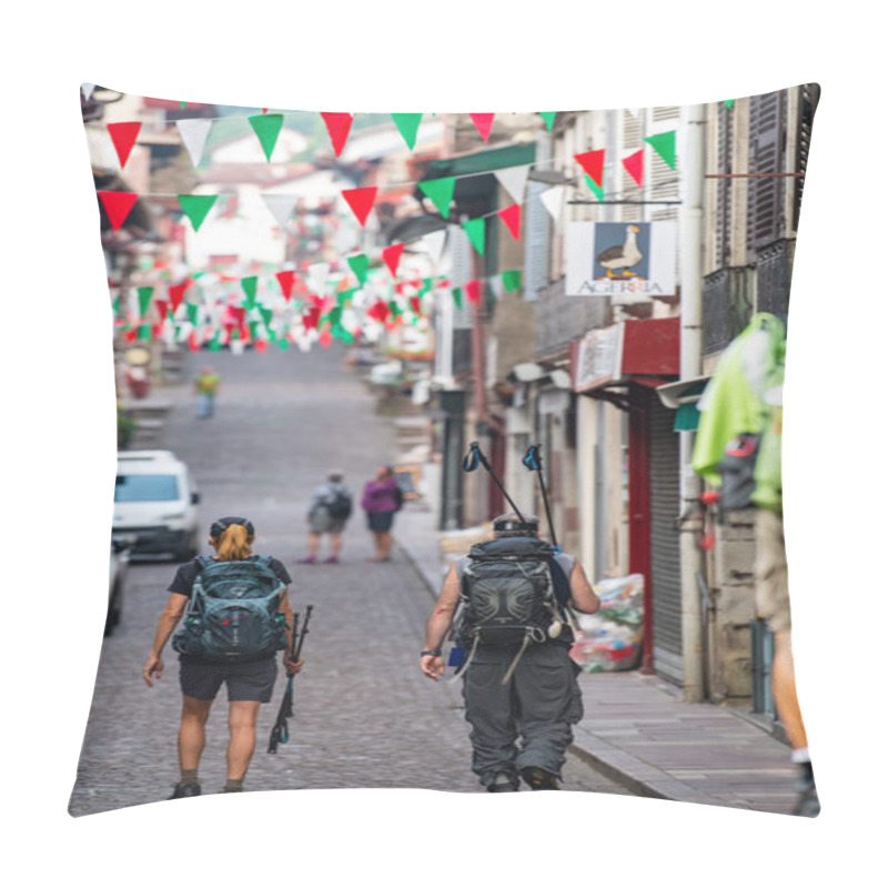 Personality  Pilgrims With Backpack Walking The Camino De Santiago, Saint Jean Pied De Port In Pays Basque, France Pillow Covers