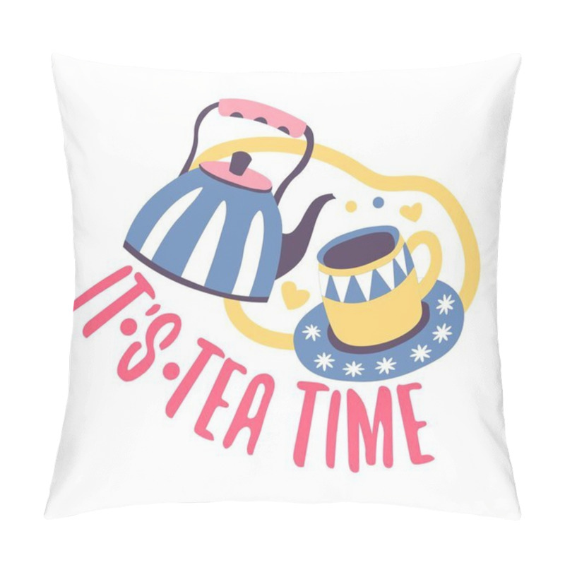 Personality  Tea Time, Isolated Kettle With Stripes, And Cup Of Hot Beverage. Tasty Drink For Breakfast Or Dinner, Lunch Or Supper. Eating Out And Consuming Quality Aromatic Liquids. Vector In Flat Style Pillow Covers