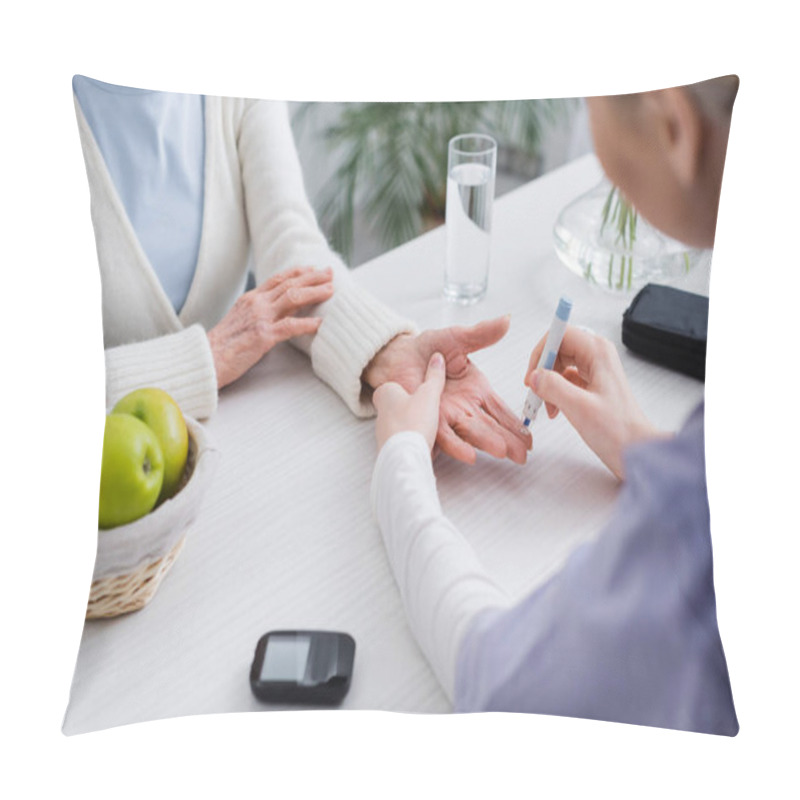 Personality  Partial View Of Nurse Doing Insulin Injection To Elderly Diabetic Woman Near Glucometer, Blurred Foreground Pillow Covers