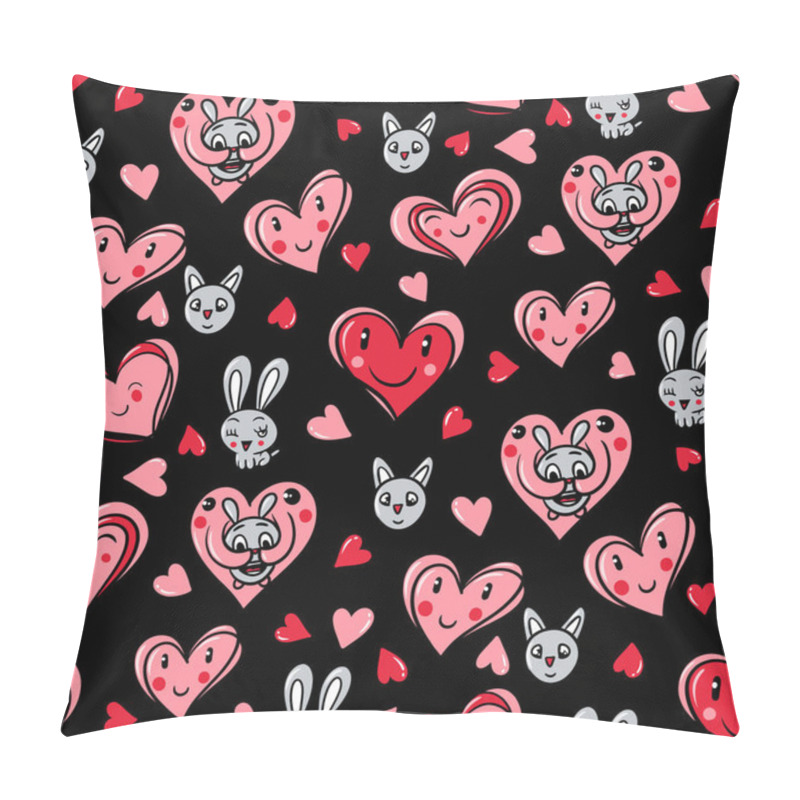 Personality  Seamless Pattern With Hearts And Cute Rabbits. Valentine's Day Pattern Illustration On Black Background. Pillow Covers