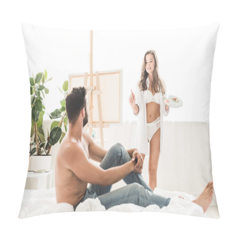 Personality  Sexy Girl In White Underwear Drawing Man While Guy Sitting In Bed Pillow Covers