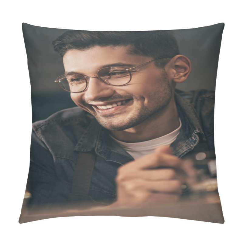 Personality  Portrait Of Cheerful Man In Eyeglasses Looking Away Pillow Covers