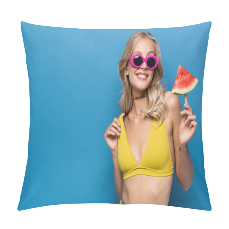 Personality  Happy Young Woman In Pink Sunglasses Holding Popsicle Stick With Watermelon On Blue Pillow Covers