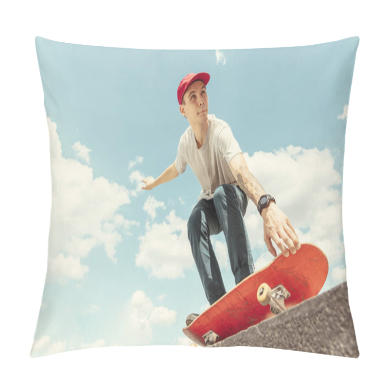 Personality  Skateboarder Doing A Trick At The Citys Street In Sunny Day Pillow Covers