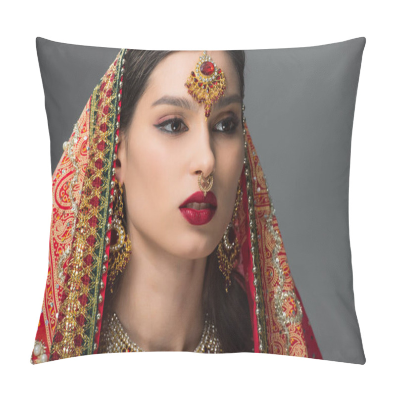 Personality  Attractive Indian Woman Posing In Traditional Sari And Bindi, Isolated On Grey  Pillow Covers