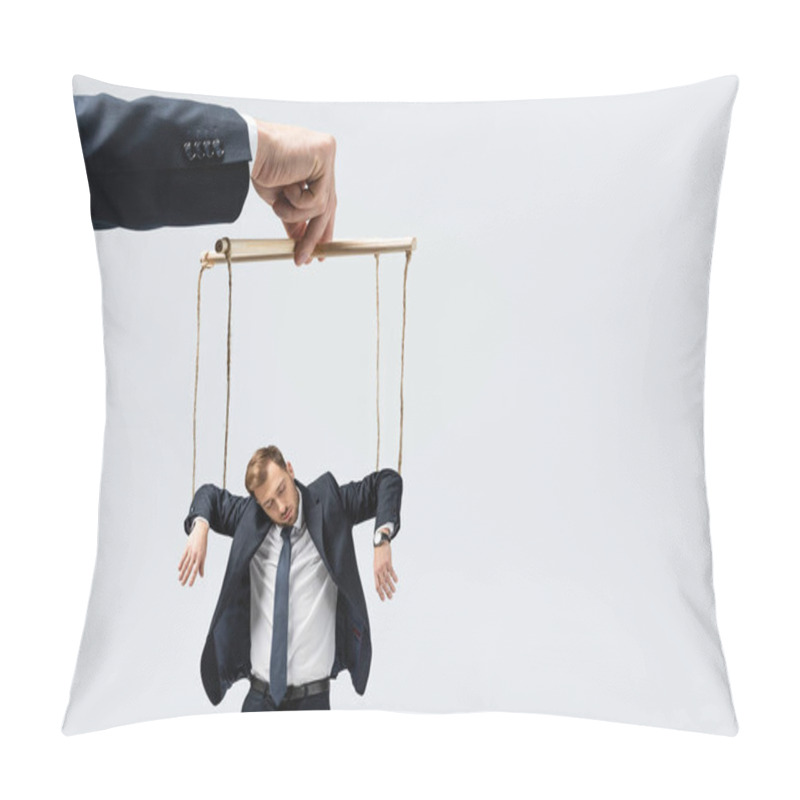 Personality  Cropped View Of Puppeteer Holding Businessman Marionette On Strings Isolated On Grey Pillow Covers