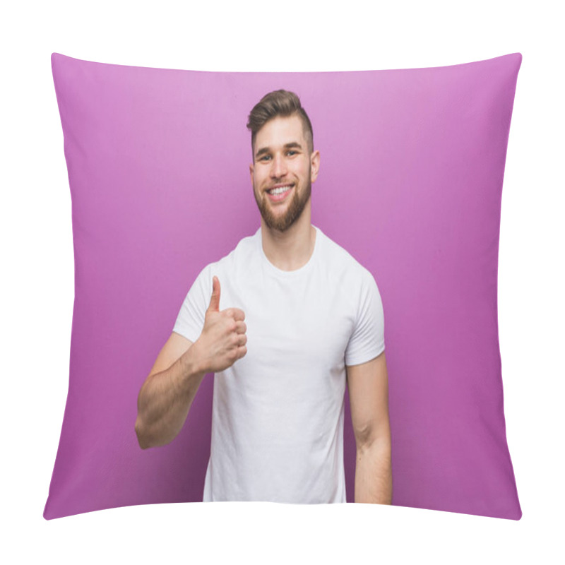 Personality  Young Handsome Caucasian Man Smiling And Raising Thumb Up Pillow Covers