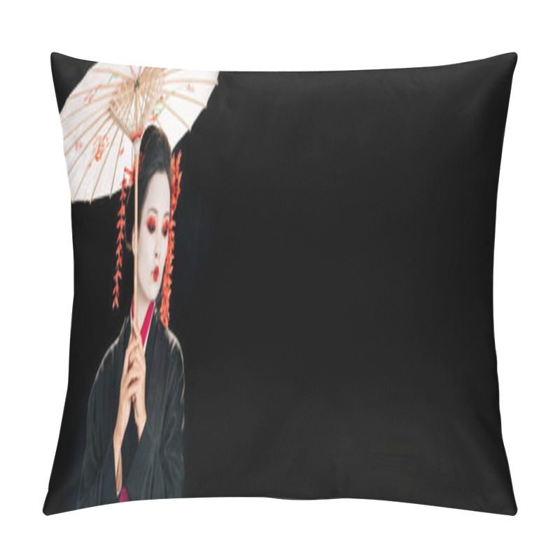 Personality  Beautiful Geisha In Black Kimono With Red Flowers In Hair Holding Traditional Umbrella Isolated On Black, Panoramic Shot Pillow Covers