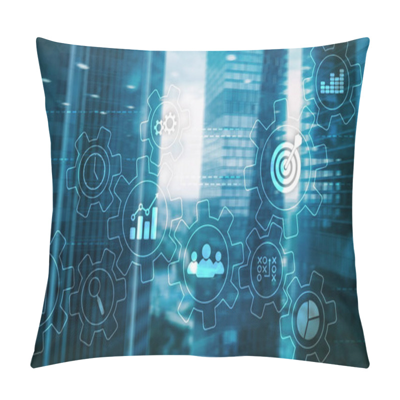 Personality  Business Process Automation Concept. Gears And Icons On Abstract Background. Pillow Covers