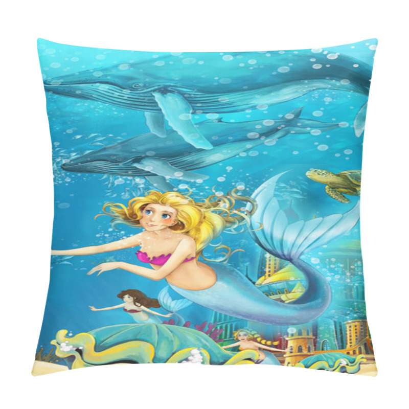 Personality  Cartoon Ocean And The Mermaid In Underwater Kingdom Swimming With Whales - Illustration For Children Pillow Covers