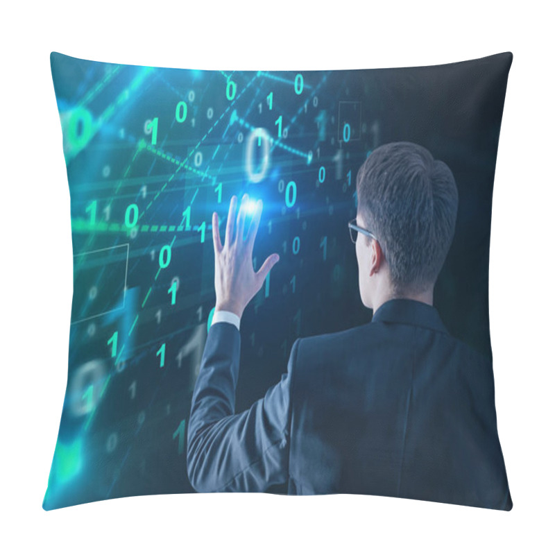 Personality  Rear View Of Businessman In Glasses Using Binary Digits Interface. Hi Tech Concept. Toned Image Double Exposure Pillow Covers