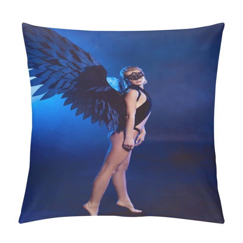 Personality  Beautiful Sexy Woman With Lace Mask And Black Angel Wings Standing On Tiptoe On Dark Blue Background Pillow Covers