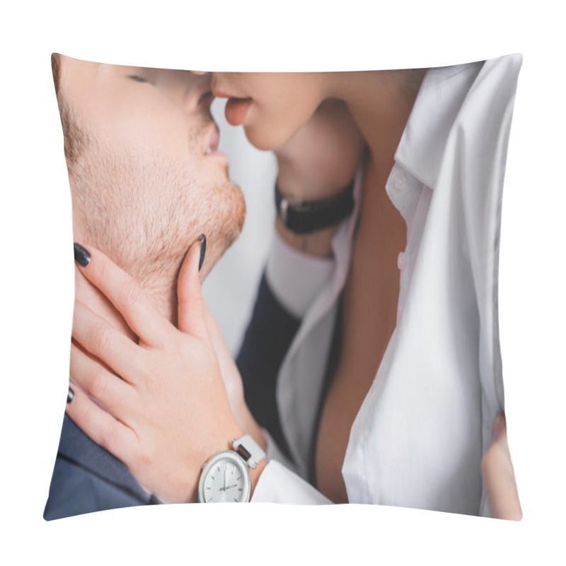 Personality  Partial View Of Passionate Businesswoman Kissing Colleague, Blurred Background Pillow Covers