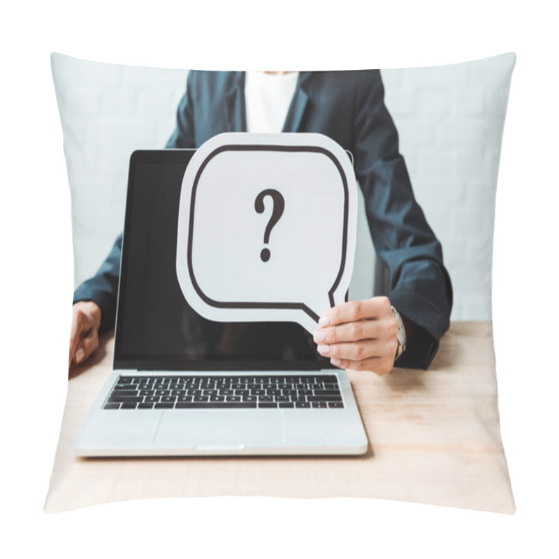 Personality  Cropped View Of Woman Holding Speech Bubble With Question Mark Near Laptop Pillow Covers