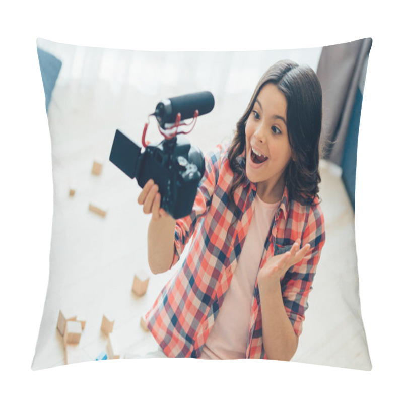 Personality  Cute Happy Girl Gesturing And Smiling While Leading A Video Blog And Recording Herself On A Camera Pillow Covers